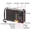 A solar emergency radio device showing various controls and components like a solar panel, tuning knob, antenna, and LED swit