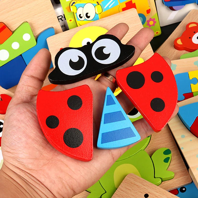 A hand holds a red and black wooden shape puzzle featuring a ladybug design, surrounded by other colorful wooden puzzles.