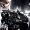 A black 1:14 scale RC sports car model is shown with hands holding a remote control and an app interface.