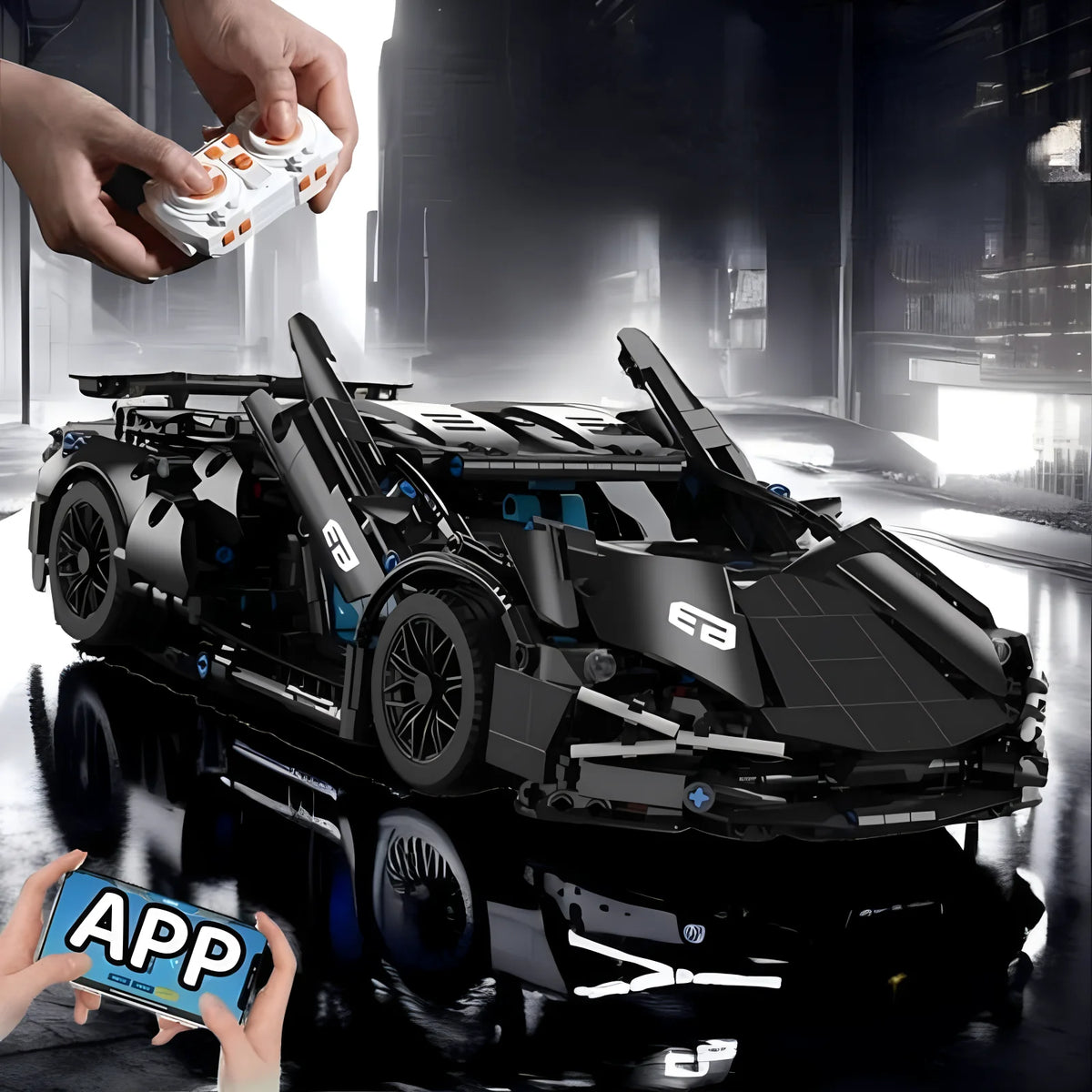 A black 1:14 scale RC sports car model is shown with hands holding a remote control and an app interface.