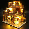A detailed wooden miniature dollhouse assembly kit featuring furniture and interior decor.