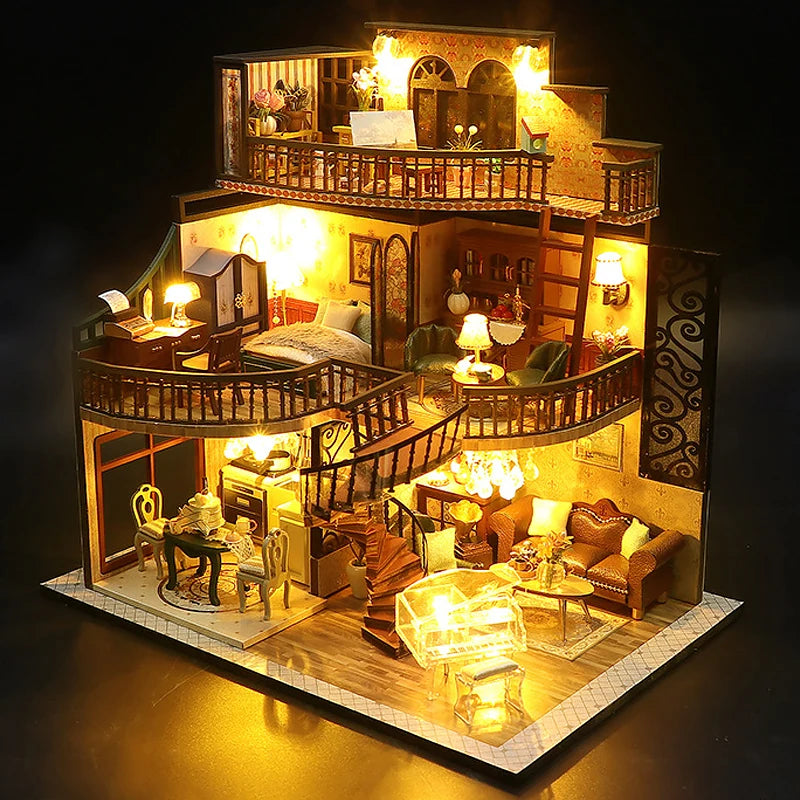 A detailed wooden miniature dollhouse assembly kit featuring furniture and interior decor.