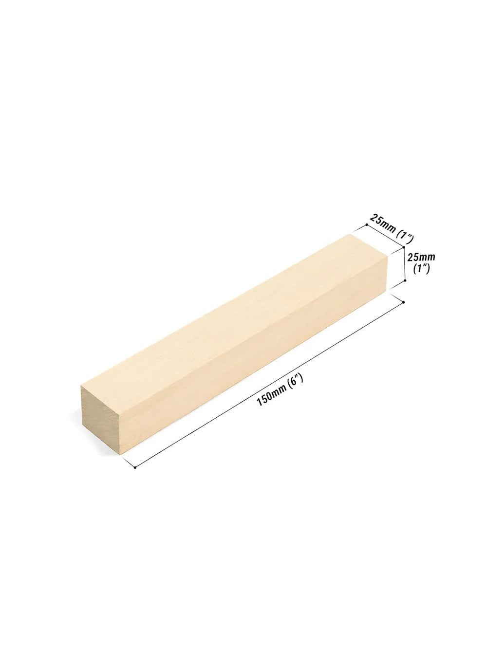 A light-colored wooden block measuring 150mm long with a thickness of 25mm, used for carving.