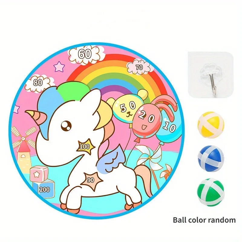 A colorful dart board game featuring numbered targets and sticky balls for kids.