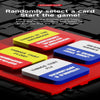 A game setup showing various colored cards on a red surface for an alphabet word selection game
