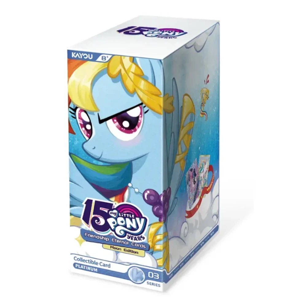 A box of My Little Pony Friendship Eternal Moon Edition Collectible Trading Cards featuring a pony character.