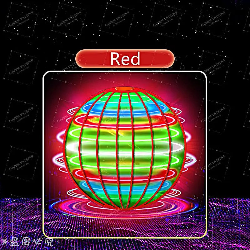 A glowing red sphere with colorful green and blue LED lights rotating above a purple light field.