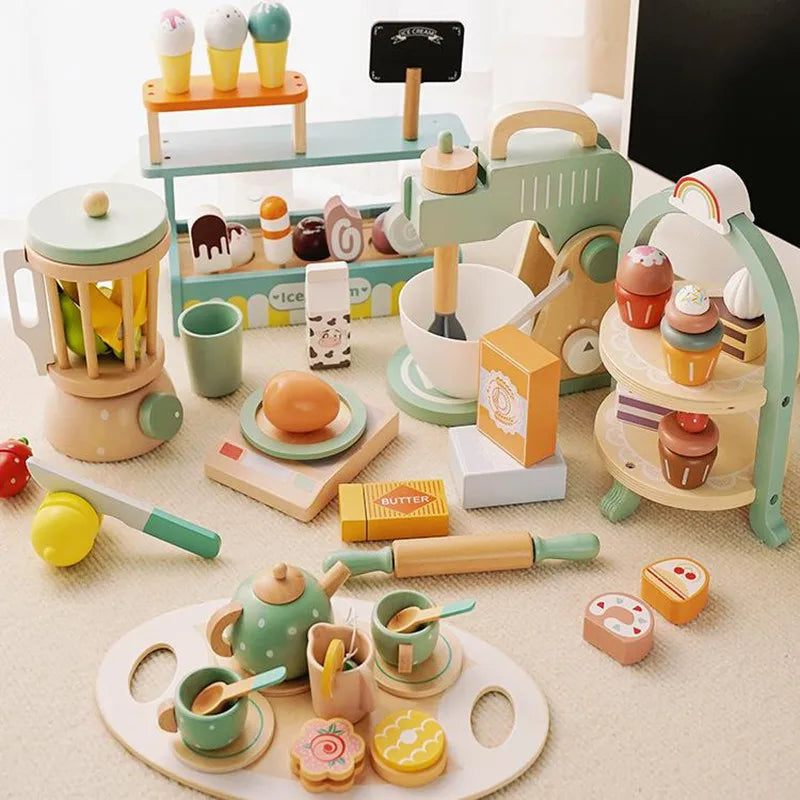A wooden pretend play kitchen set featuring a coffee maker and various tea accessories for children.