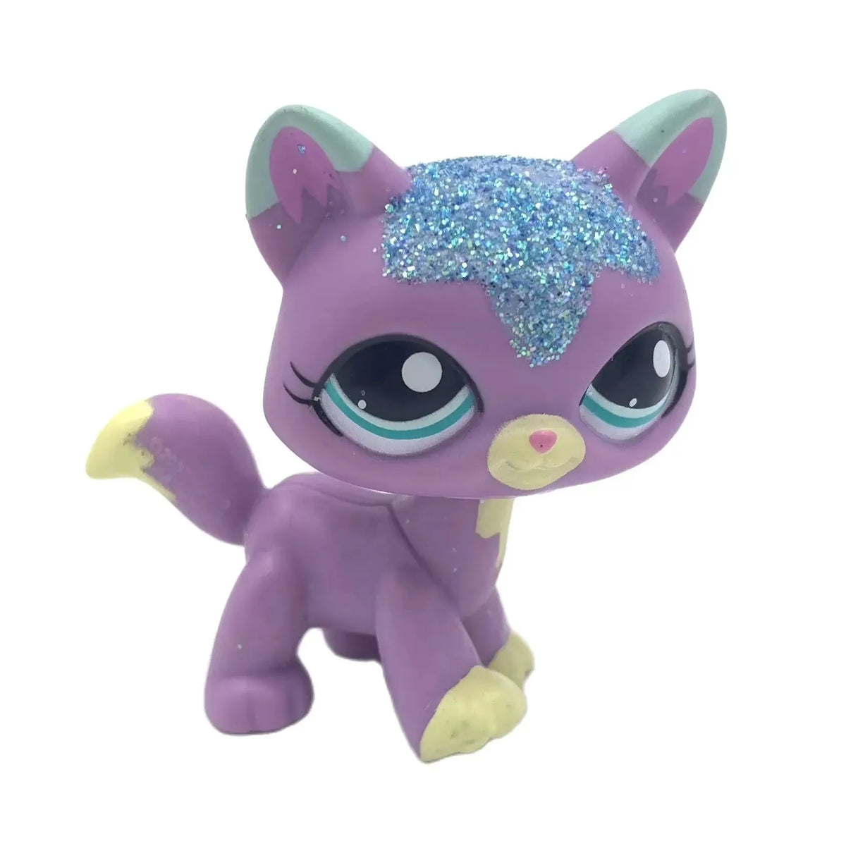 A charming bobble head pet figurine of a purple cat with blue glitter accents.