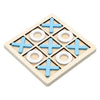 A wooden tic tac toe board game with blue and white cross and circle pieces.