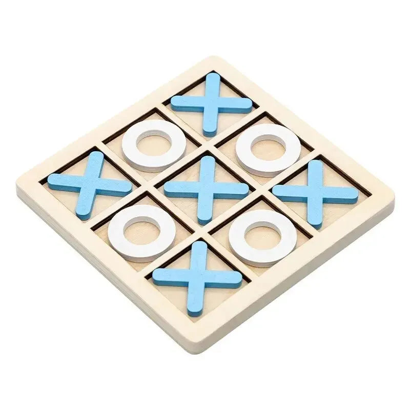 A wooden tic tac toe board game with blue and white cross and circle pieces.