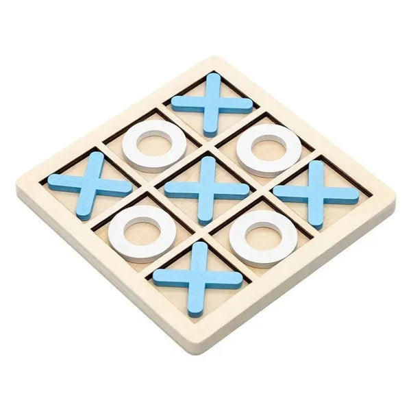 A wooden tic tac toe board game with blue and white cross and circle pieces.