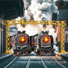 A vintage steam train set is shown in a dark tunnel, emitting smoke and light.