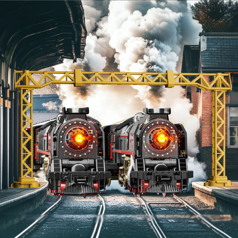 A vintage steam train set is shown in a dark tunnel, emitting smoke and light.