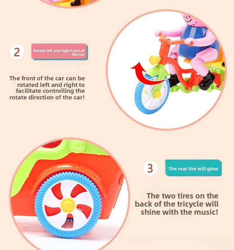 A pink piggy ride-on toy car demonstrating rotation and featuring glowing rear tires with music.