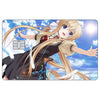 Anime girl with long blonde hair and a white bow smiling against a bright blue sky background