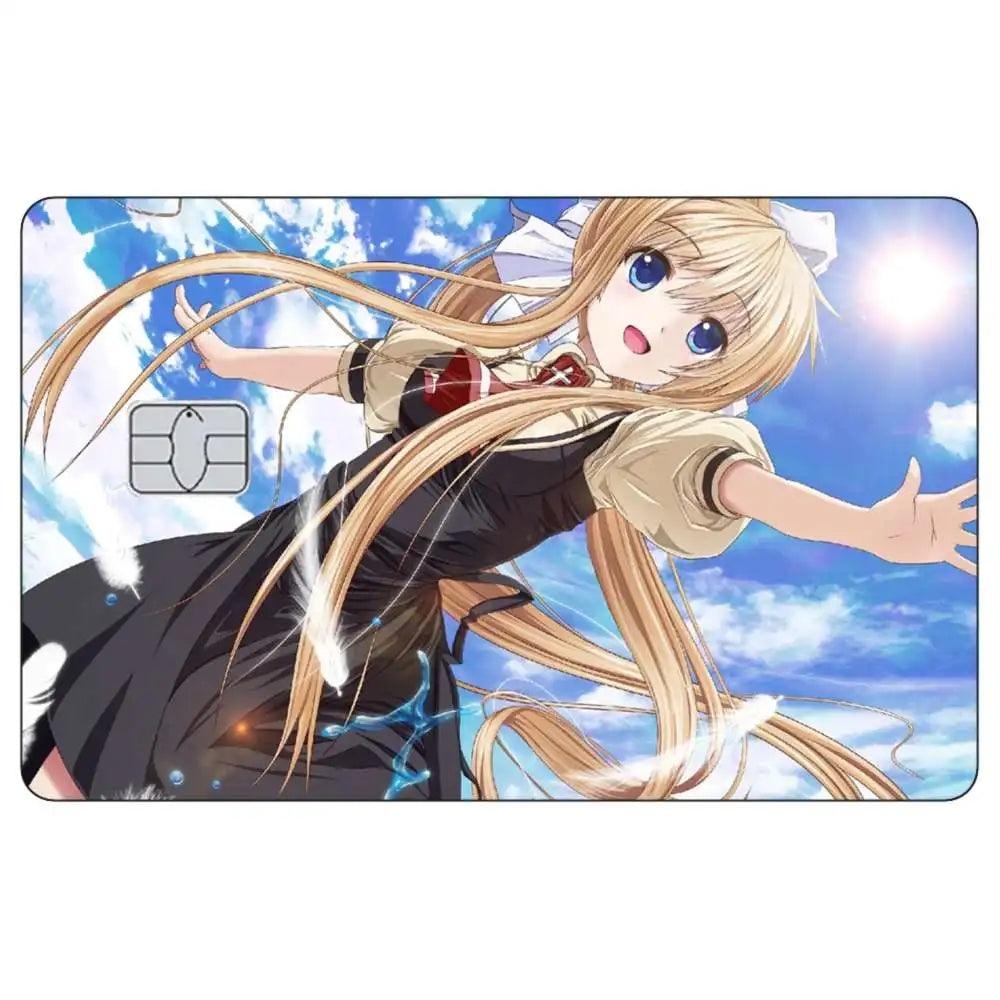Anime girl with long blonde hair and a white bow smiling against a bright blue sky background