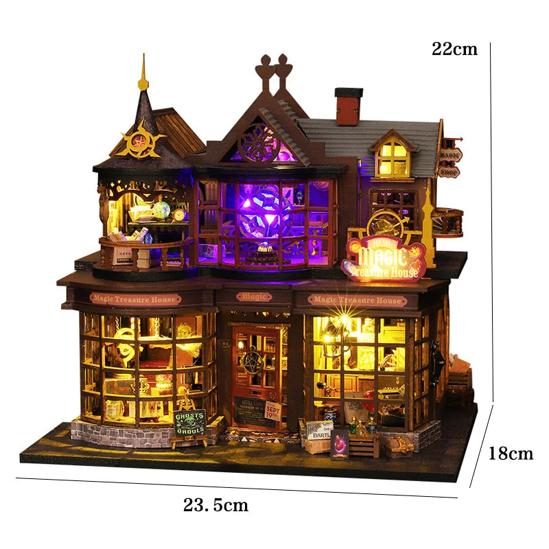 A wooden miniature castle dollhouse kit featuring furniture and LED lights, displayed on a dark base.