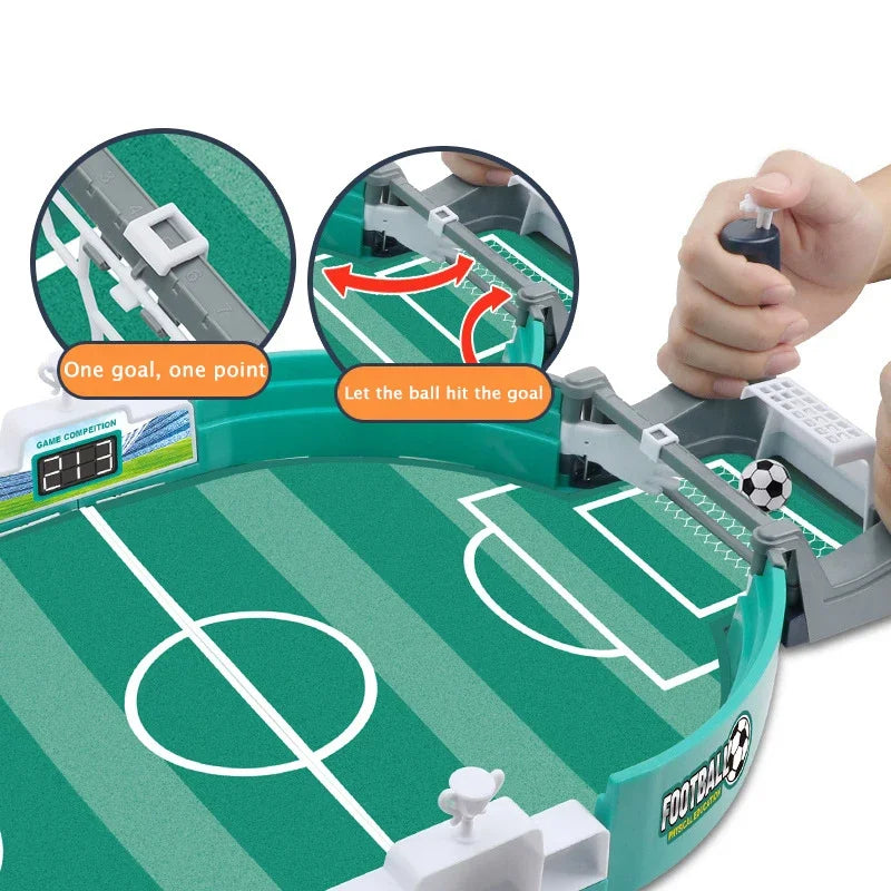 A portable tabletop foosball game showing a green field and white goal, with close-ups illustrating how to hit the goal.
