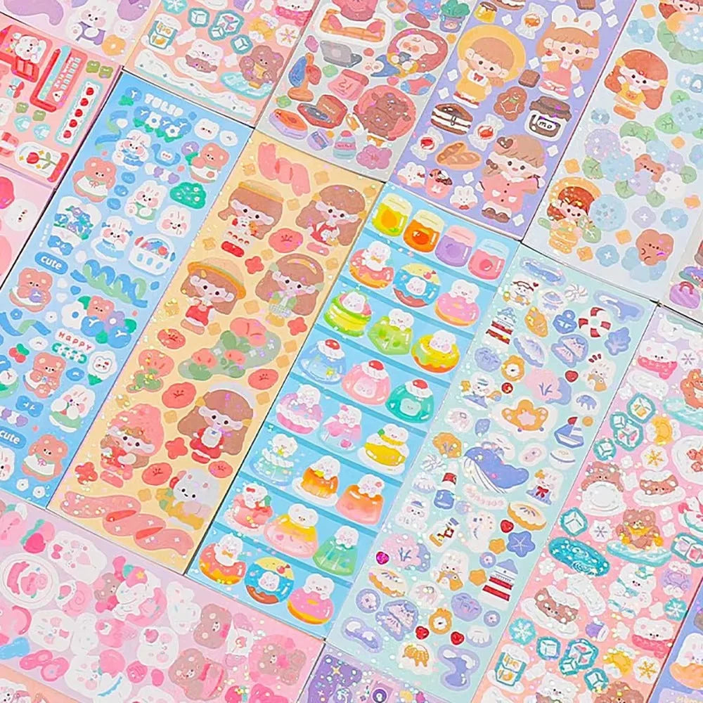 A colorful sticker pack featuring cute cartoon characters and designs for DIY crafts and journaling.
