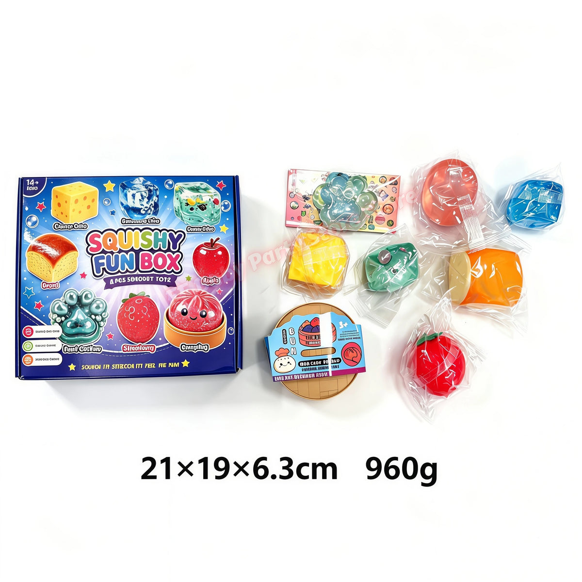 A box of squishy fun toys containing various soft, colorful, and textured stress relief items.