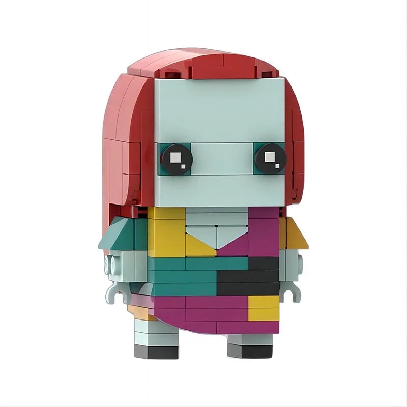 A set of LEGO building blocks shaped like a stylized, blocky face with red hair and multicolored clothing.