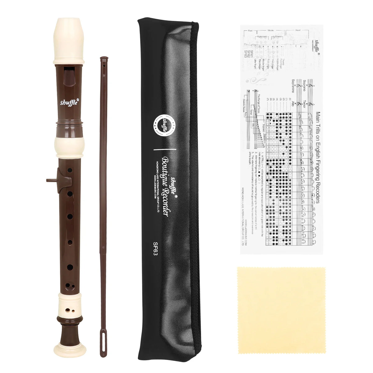 A brown and cream Baroque Clarinet Recorder is shown alongside its components and sheet music.