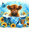 A detailed painting of a brown Highland cow's head emerging from a pot of ice with blue flowers and sunflowers.