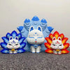 A set of nine-tailed fox figures made from blue and white building blocks.