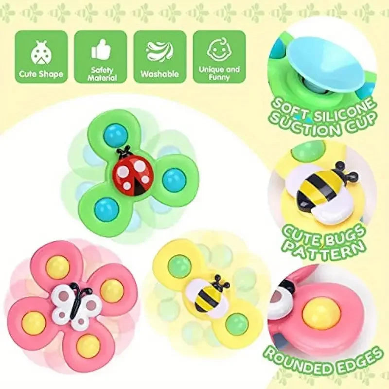 Suction Cup Spinning Top Toy with Cute Bug and Flower Design
