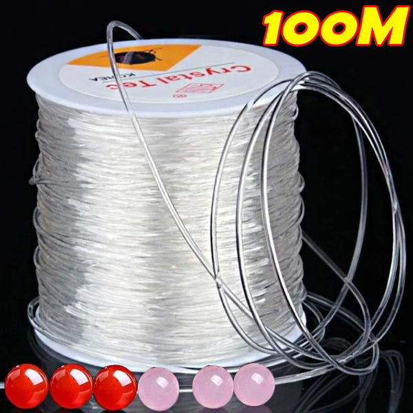 Spool of 1mm crystal elastic beading cord for DIY jewelry with a loose strand.