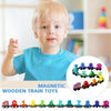A colorful set of magnetic wooden train toys featuring numbers 1 through 9.