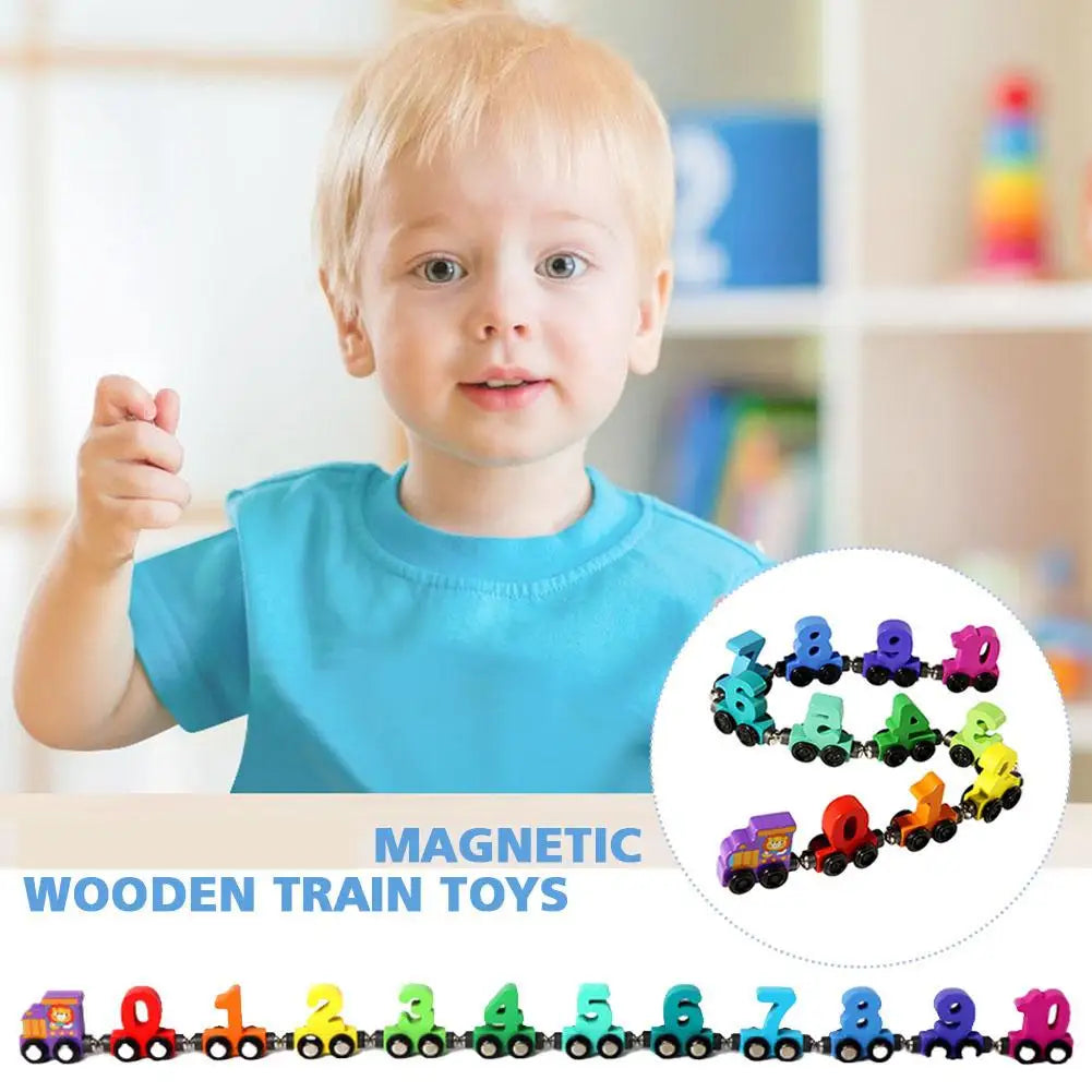 A colorful set of magnetic wooden train toys featuring numbers 1 through 9.