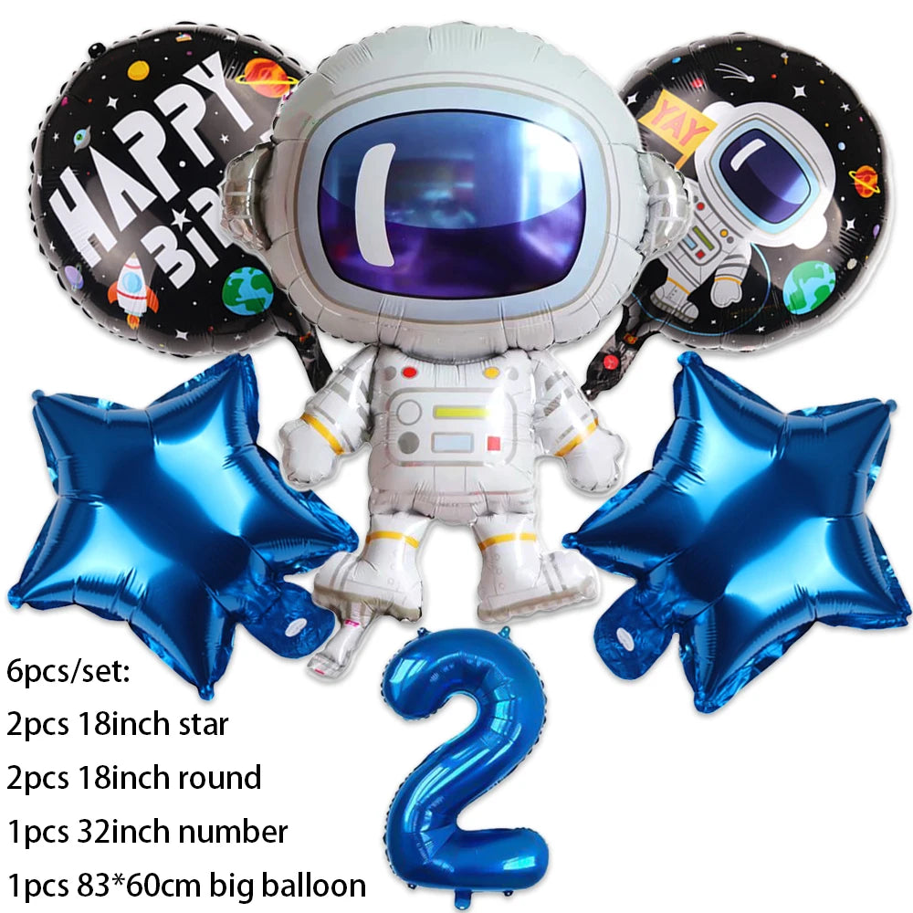 Outer space astronaut party décor set featuring a helmet, space suit, and various balloons and numbers