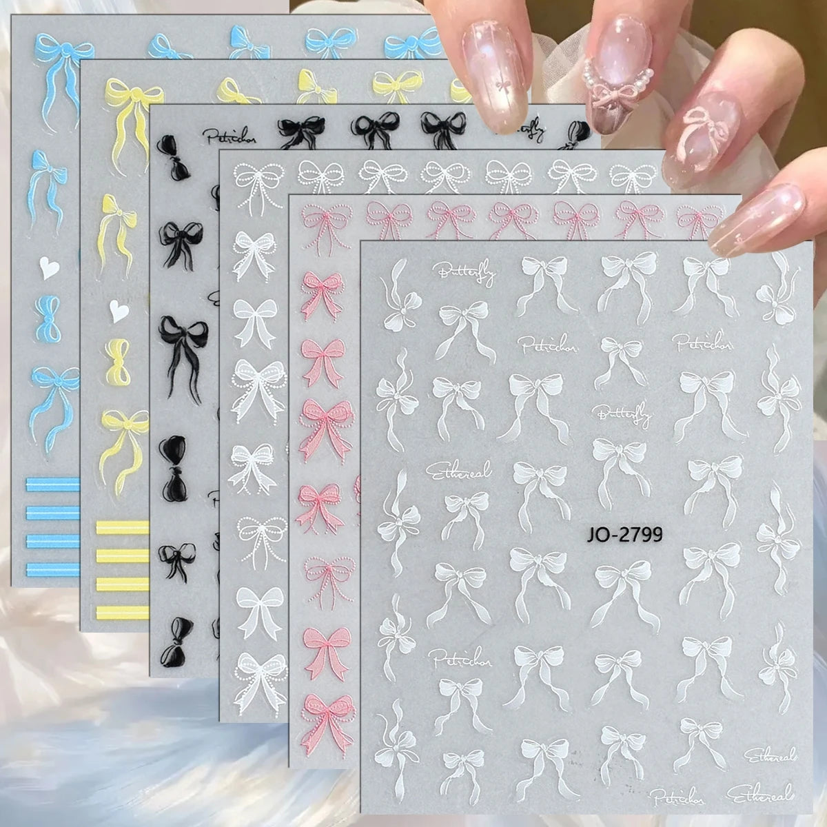 3D Bow Nail Stickers with Ribbon, Heart & Stripe Designs