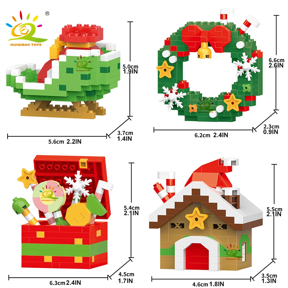 Un set de figurines de Noël en blocs miniatures comprenant un renne, une couronne et une maison.