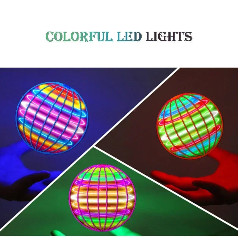 Colorful LED lights in various colors are shown as a spinning ball being held by a hand.
