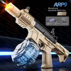 A manual and automatic yellow water gun is shown firing a stream of water against a dark background.