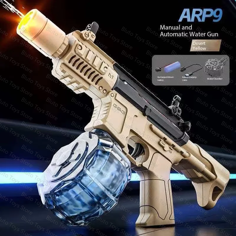 A manual and automatic yellow water gun is shown firing a stream of water against a dark background.