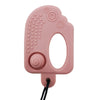 A pink silicone chew necklace with textured grips and a swirl design, attached to a black cord.