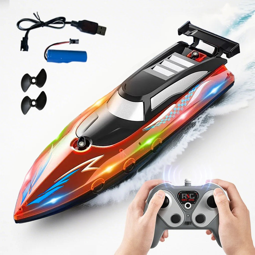 Un bateau RC LED haute performance avec sa télécommande et ses accessoires.
