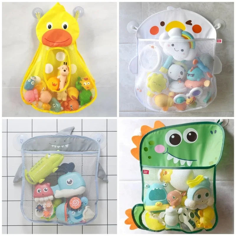 A clear storage bag with a duck and frog toy featuring suction cups for bathroom use.