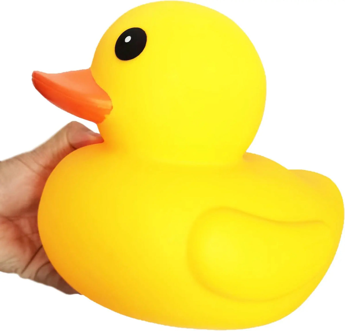 A hand is holding a bright yellow rubber duck toy.