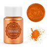 A glass jar of orange pearl powder next to a round swatch and loose powder for crafting.