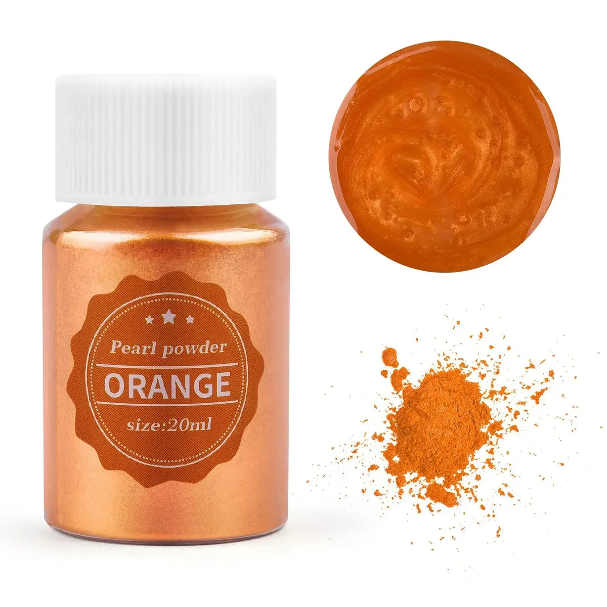 A glass jar of orange pearl powder next to a round swatch and loose powder for crafting.