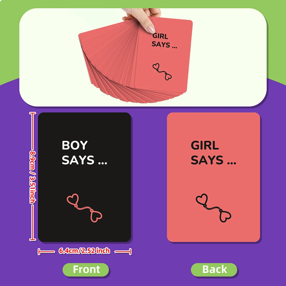 A set of couples scratch-off challenge cards showing a girl's and boy's romantic messages on the front and back.