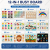 A set of 12 busy board learning toys for toddlers featuring colors, shapes, numbers, puzzles, and more.