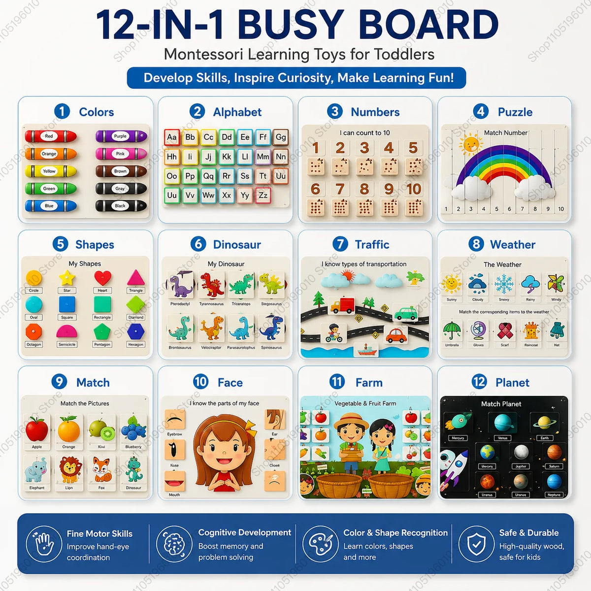 A set of 12 busy board learning toys for toddlers featuring colors, shapes, numbers, puzzles, and more.