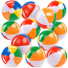 A collection of colorful rainbow striped inflatable beach balls in various colors and patterns.