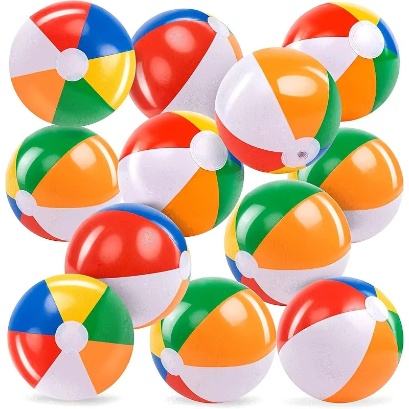 A collection of colorful rainbow striped inflatable beach balls in various colors and patterns.